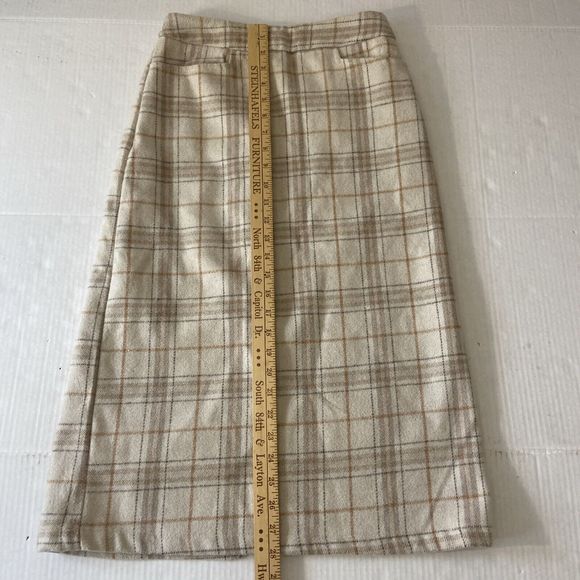 High Waist Beige Cream Brown Plaid Midi Skirt Size Med Lined And With Pockets - Picture 8 of 10